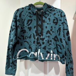 Calvin Klein Teal and Black Animal Print Cropped Hoodie